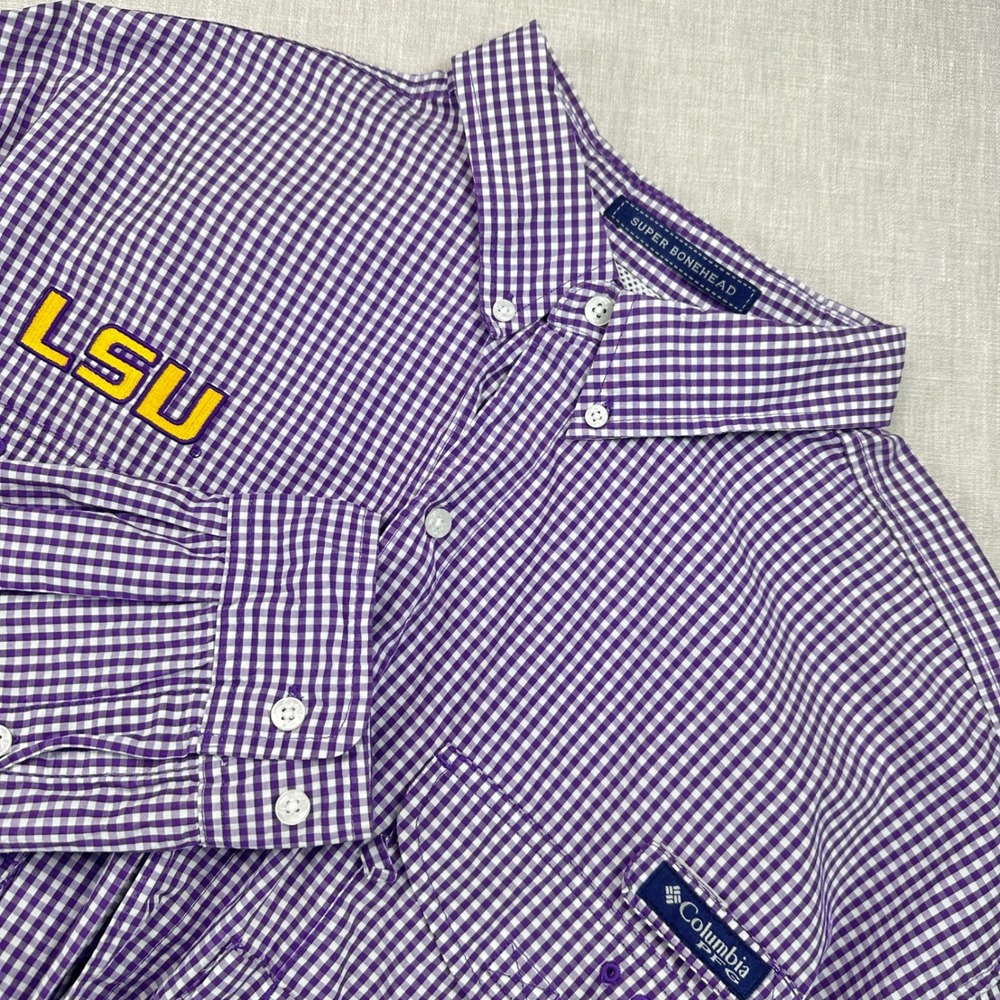 Columbia Fishing Shirt Mens XL Purple Gingham LSU Super Bonehead PFG Long Sleeve